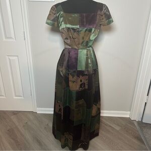 Vintage 1970s Italian Silk Dress Architectural Print Square Neck